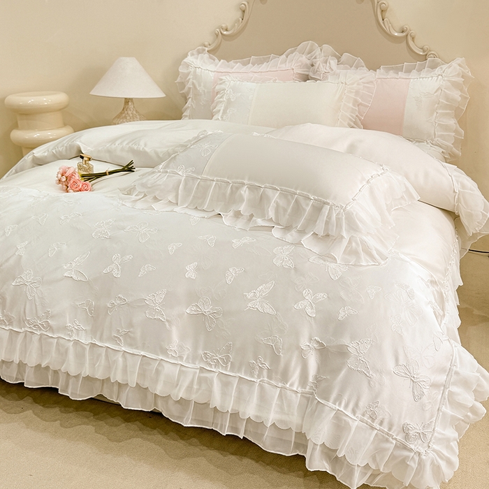 91家纺网 家纺一手货源 找家纺 艾米家居 2025新款韩版双层花边轻奢浮雕系列水洗冰丝四件套 白花边