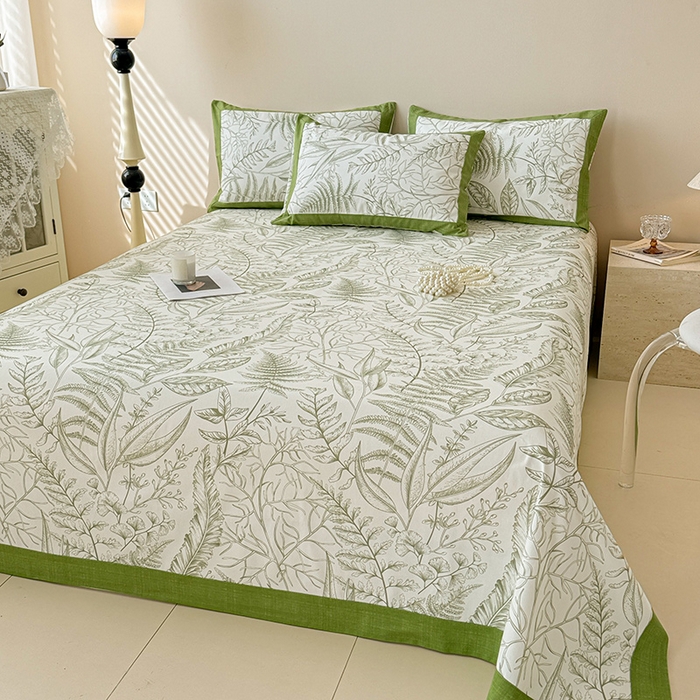 91家纺网 家纺一手货源 找家纺 蓝邻家纺 2025新款100%新疆原棉粗布小清新拼角工艺款系列单床单 雨棠-绿