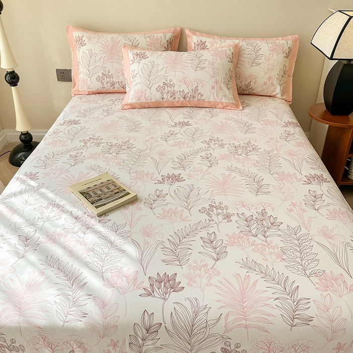 91家纺网 家纺一手货源 找家纺 蓝邻家纺 2025新款100%新疆原棉粗布小清新拼角工艺款系列单床单 繁花-粉