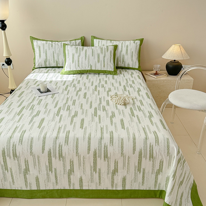 91家纺网 家纺一手货源 找家纺 蓝邻家纺 2025新款100%新疆原棉粗布小清新拼角工艺款系列单床单 辰浠-绿