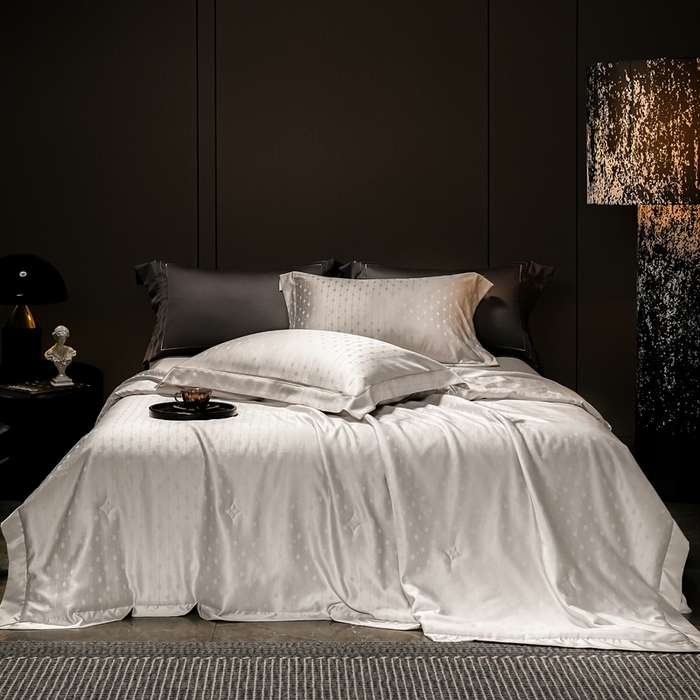 91家纺网 家纺一手货源 找家纺 2025新款格利亚天丝提花夏被四件套 格子-米灰