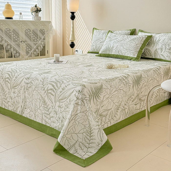 91家纺网 家纺一手货源 找家纺 蓝邻家纺 2025新款100%新疆原棉粗布小清新拼角工艺款系列单床单 雨棠-绿