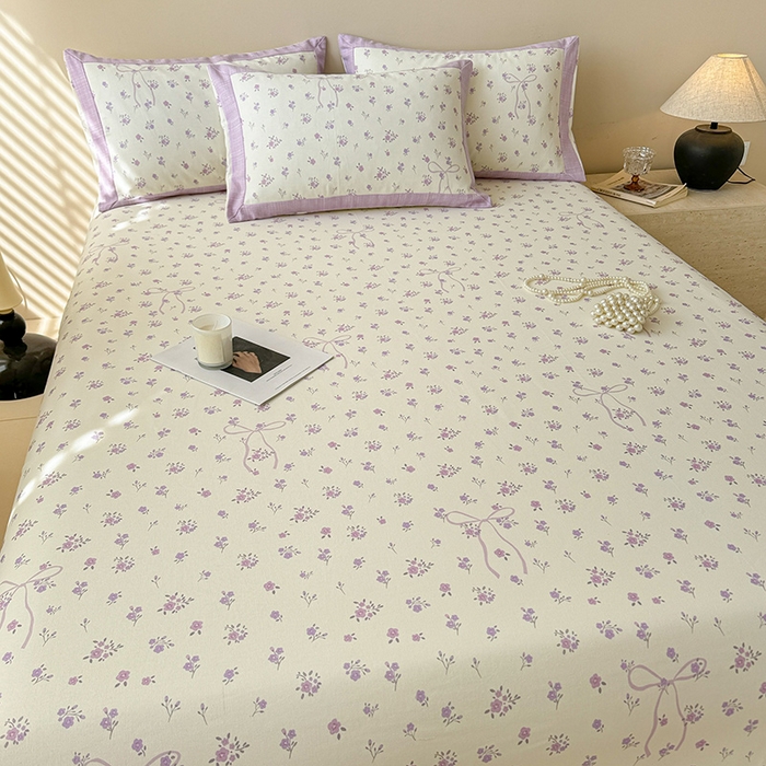 91家纺网 家纺一手货源 找家纺 蓝邻家纺 2025新款100%新疆原棉粗布小清新拼角工艺款系列单床单 紫茉