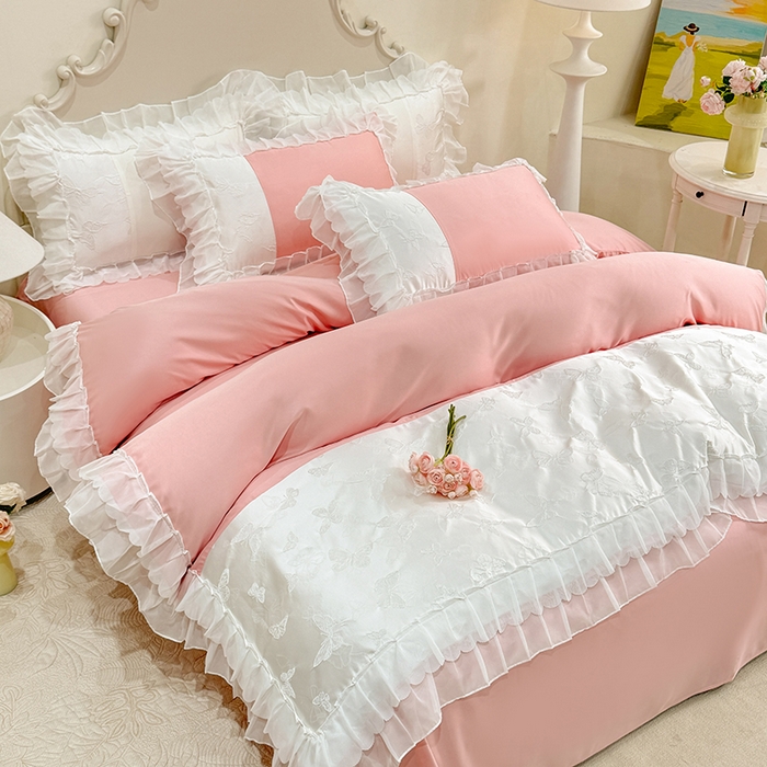 91家纺网 家纺一手货源 找家纺 艾米家居 2025新款韩版双层花边轻奢浮雕系列水洗冰丝四件套 豆沙花边