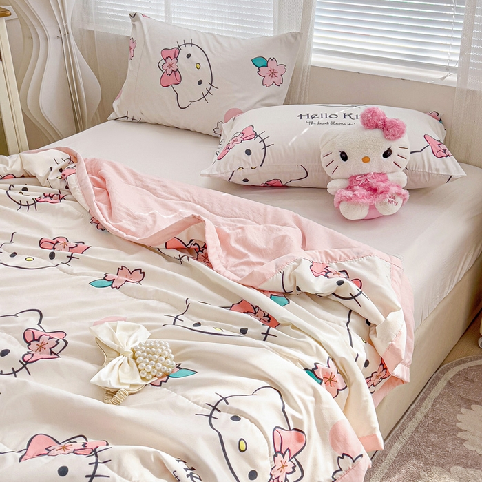 91家纺网 家纺一手货源 找家纺 海岛哥哥 2025新款三丽鸥系列A类水洗棉夏被大床图（提供买家秀） 夏被-樱花kt猫