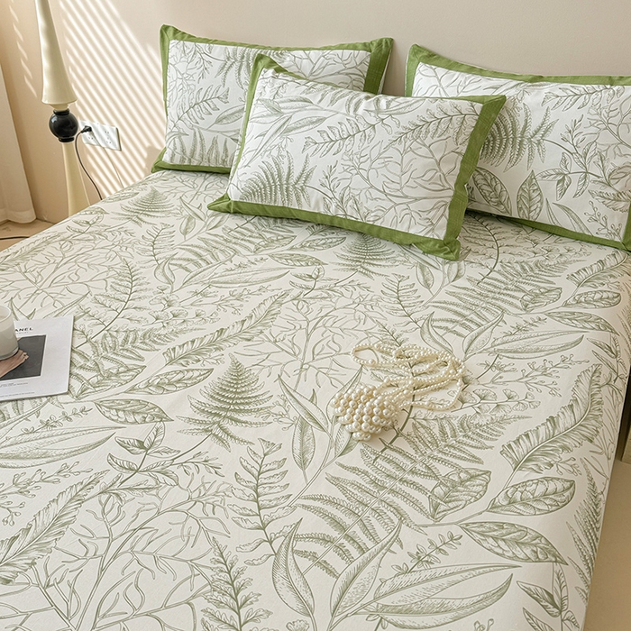 91家纺网 家纺一手货源 找家纺 蓝邻家纺 2025新款100%新疆原棉粗布小清新拼角工艺款系列单床单 雨棠-绿