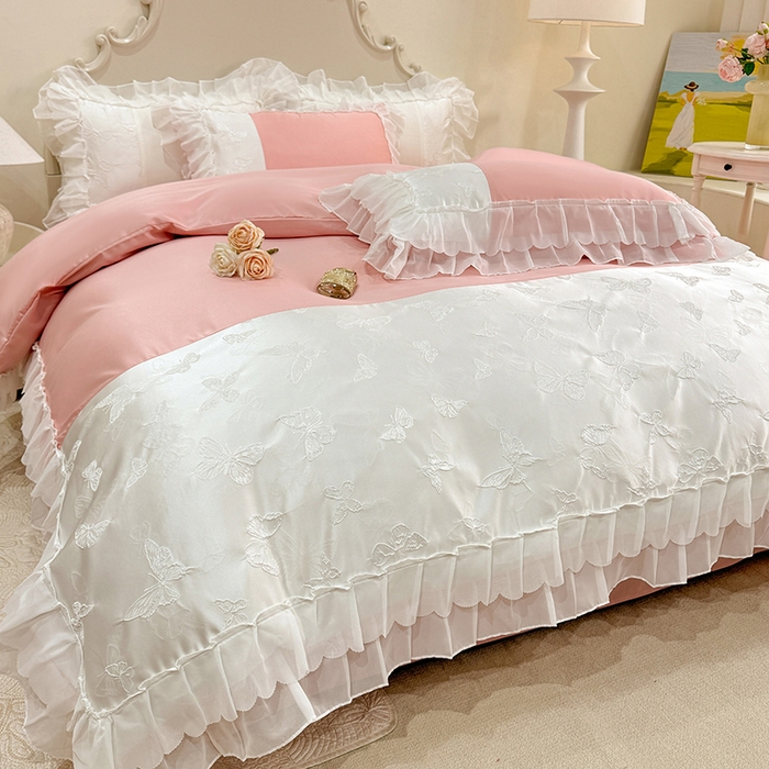 91家纺网 家纺一手货源 找家纺 艾米家居 2025新款韩版双层花边轻奢浮雕系列水洗冰丝四件套 豆沙花边