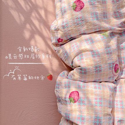 暖芯优选 2025新款加厚云感棉双层纱四件套小碎花被套床单床笠款学生三件套新款直播热款 有草莓的地方