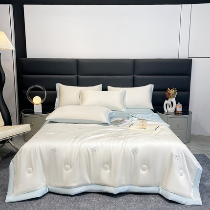 91家纺网 家纺一手货源 找家纺 江暮云家纺 2025新款水洗冰丝刺绣四件套 蝴蝶-奶白蓝