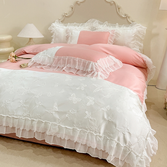 91家纺网 家纺一手货源 找家纺 艾米家居 2025新款韩版双层花边轻奢浮雕系列水洗冰丝四件套 豆沙花边