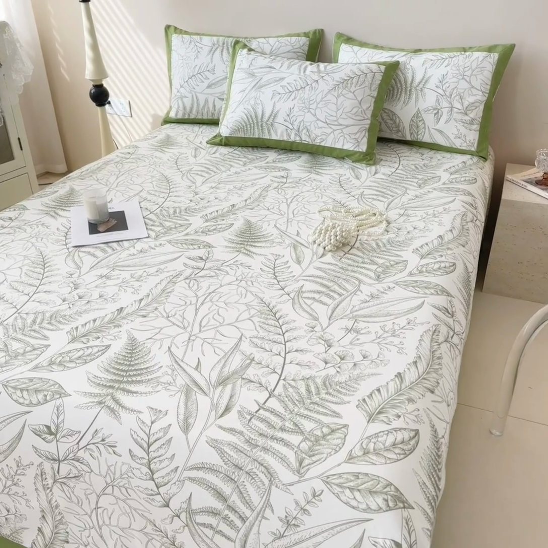 91家纺网 家纺一手货源 找家纺 蓝邻家纺 2025新款100%新疆原棉粗布小清新拼角工艺款系列单床单 雨棠-绿