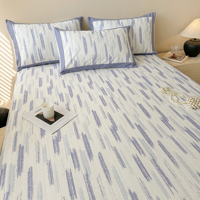 91家纺网 家纺一手货源 找家纺 蓝邻家纺 2025新款100%新疆原棉粗布小清新拼角工艺款系列单床单 辰浠-蓝