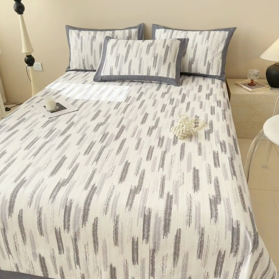 91家纺网 家纺一手货源 找家纺 蓝邻家纺 2025新款100%新疆原棉粗布小清新拼角工艺款系列单床单 辰浠-黑