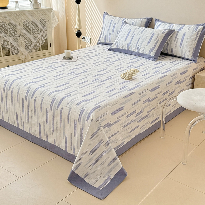 91家纺网 家纺一手货源 找家纺 蓝邻家纺 2025新款100%新疆原棉粗布小清新拼角工艺款系列单床单 辰浠-蓝