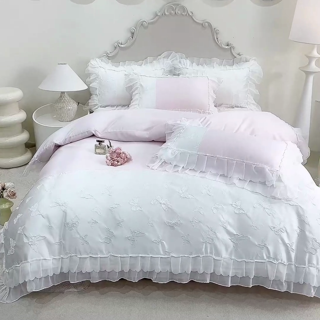 91家纺网 家纺一手货源 找家纺 艾米家居 2025新款韩版双层花边轻奢浮雕系列水洗冰丝四件套 粉花边