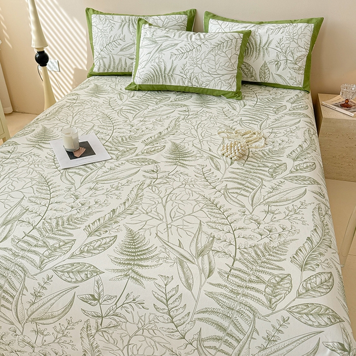 91家纺网 家纺一手货源 找家纺 蓝邻家纺 2025新款100%新疆原棉粗布小清新拼角工艺款系列单床单 雨棠-绿