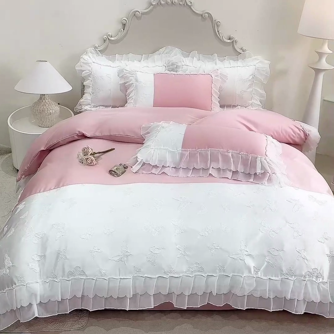 91家纺网 家纺一手货源 找家纺 艾米家居 2025新款韩版双层花边轻奢浮雕系列水洗冰丝四件套 豆沙花边