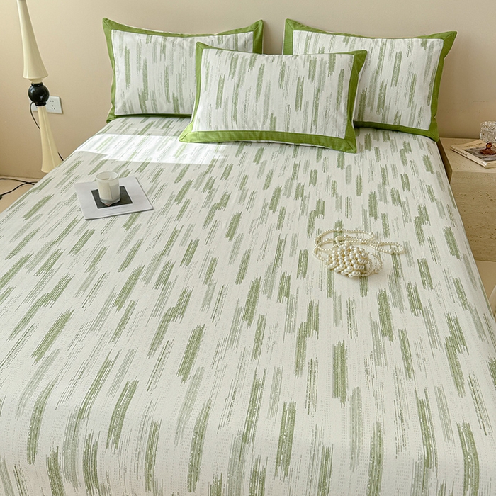 91家纺网 家纺一手货源 找家纺 蓝邻家纺 2025新款100%新疆原棉粗布小清新拼角工艺款系列单床单 辰浠-绿