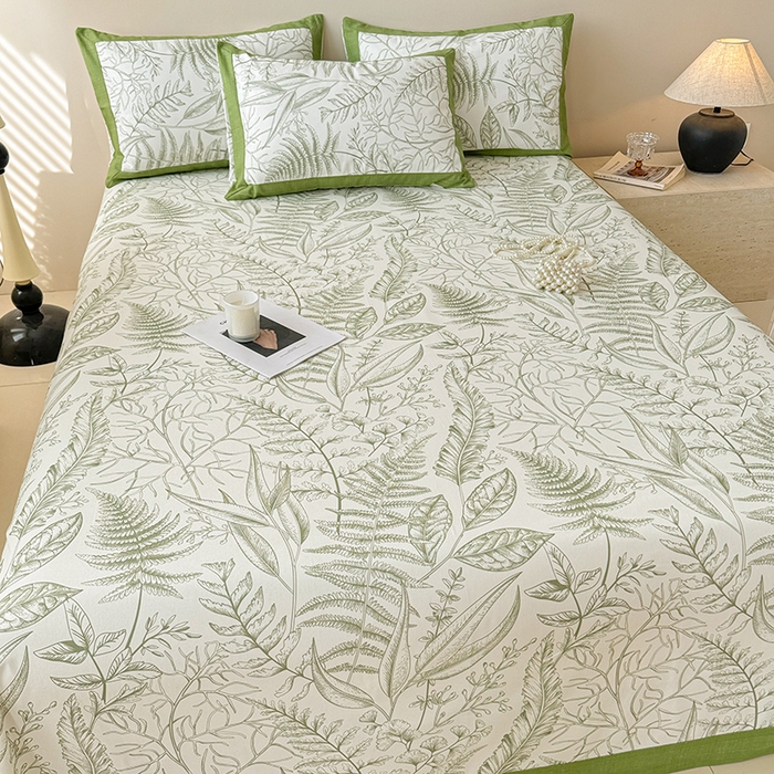 91家纺网 家纺一手货源 找家纺 蓝邻家纺 2025新款100%新疆原棉粗布小清新拼角工艺款系列单床单 雨棠-绿