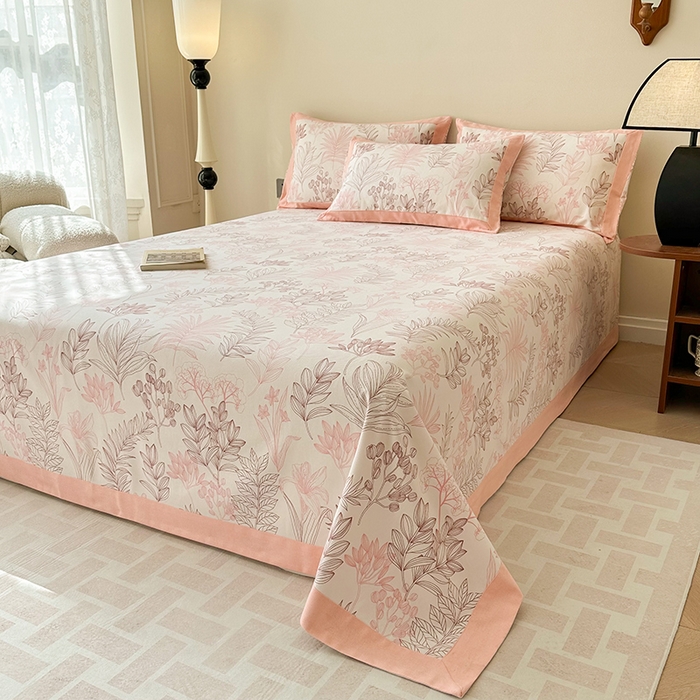 91家纺网 家纺一手货源 找家纺 蓝邻家纺 2025新款100%新疆原棉粗布小清新拼角工艺款系列单床单 繁花-粉