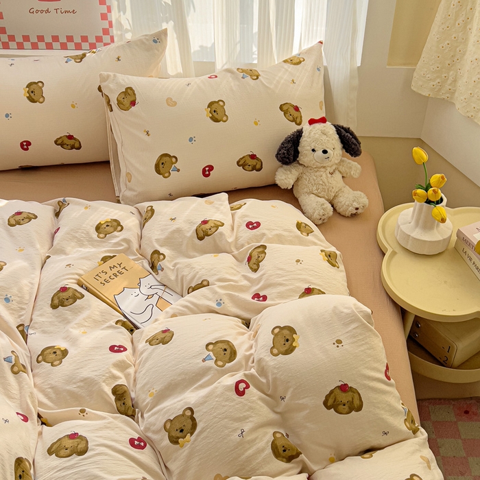 91家纺网 家纺一手货源 找家纺 暖芯优选 2025新款加厚云感棉双层纱四件套小碎花被套床单床笠款学生三件套新款直播热款 奇妙小熊-米