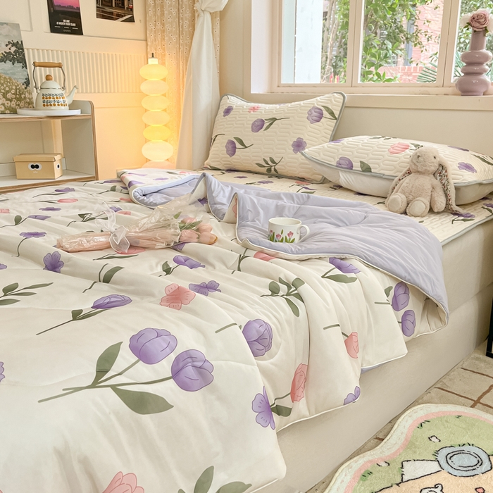 91家纺网 家纺一手货源 找家纺 维洋家纺 2025（专版花型）A类凉感丝夏被 凉感夏凉被双面加倍透气（四周踩棉） 郁金香