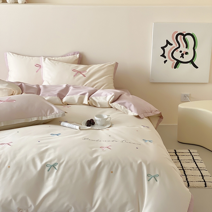 91家纺网 家纺一手货源 找家纺 时亿家居 2025新款100支长绒棉小清新四件套-梦幻蝴蝶结 梦幻蝴蝶结-奶油慕斯