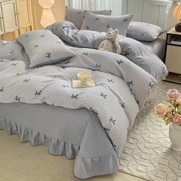 91家纺网 家纺一手货源 找家纺 仟网汇 2025新款针织双层纱床盖四件套 格韵