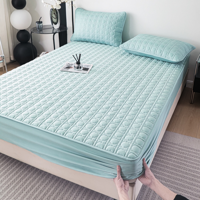 91家纺网 家纺一手货源 找家纺 沐纯家居 2025新款全棉纯棉夹棉单床笠 床笠单件-初见系列 冰蓝