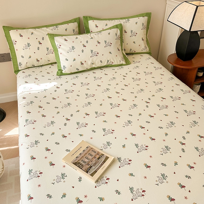 91家纺网 家纺一手货源 找家纺 蓝邻家纺 2025新款100%新疆原棉粗布小清新拼角工艺款系列单床单 花枝兔