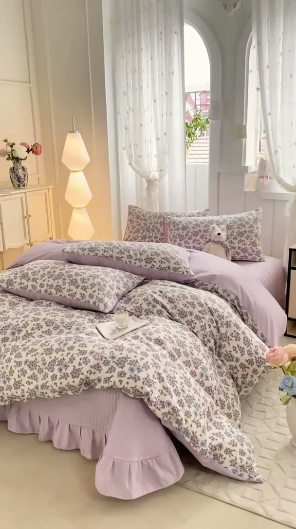 91家纺网 家纺一手货源 找家纺 仟网汇 2025新款针织双层纱床盖四件套 梦幻紫藤