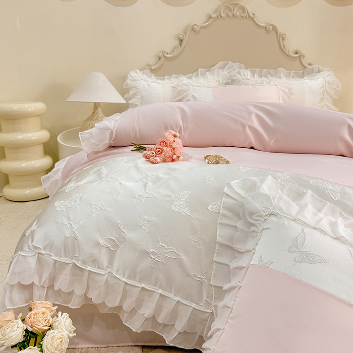 91家纺网 家纺一手货源 找家纺 艾米家居 2025新款韩版双层花边轻奢浮雕系列水洗冰丝四件套 粉花边