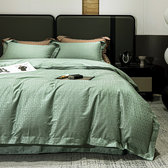 91家纺网 家纺一手货源 找家纺 金昱纺 2025新款50双股100支长绒棉贡缎提花高定四件套 纪梵希-绿