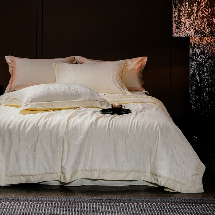 91家纺网 家纺一手货源 找家纺 丽卡家纺 2025新款翡丽天丝提花夏被四件套 石纹-黄