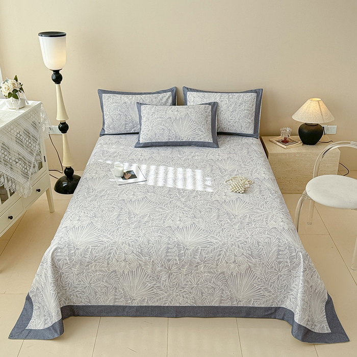 91家纺网 家纺一手货源 找家纺 蓝邻家纺 2025新款100%新疆原棉粗布小清新拼角工艺款系列单床单 雨藤-灰