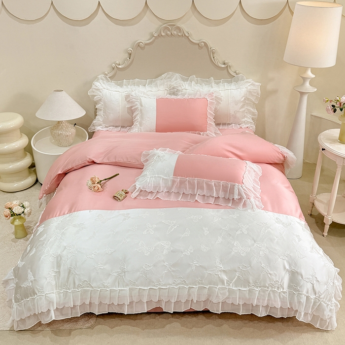 91家纺网 家纺一手货源 找家纺 艾米家居 2025新款韩版双层花边轻奢浮雕系列水洗冰丝四件套 豆沙花边