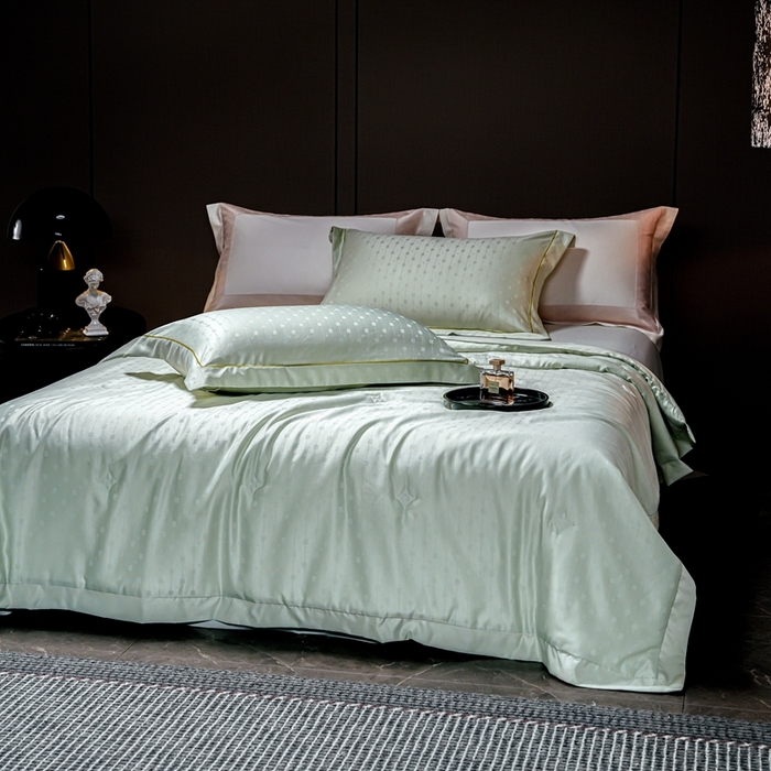 91家纺网 家纺一手货源 找家纺 2025新款格利亚天丝提花夏被四件套 格子-绿