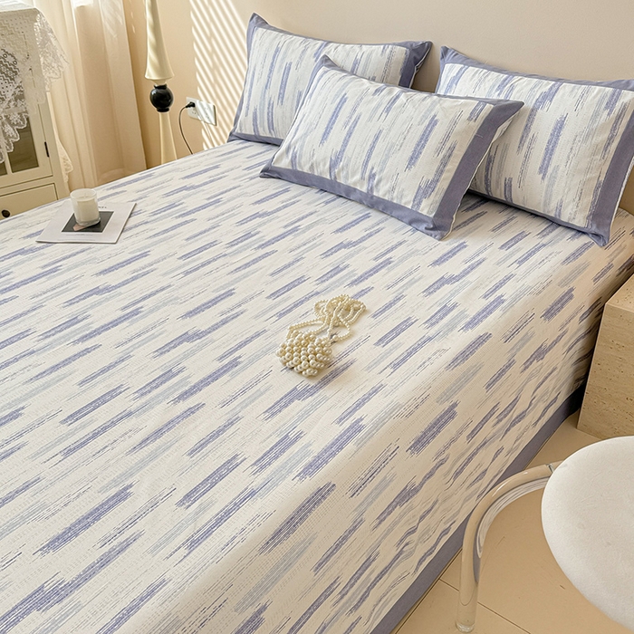 91家纺网 家纺一手货源 找家纺 蓝邻家纺 2025新款100%新疆原棉粗布小清新拼角工艺款系列单床单 辰浠-蓝