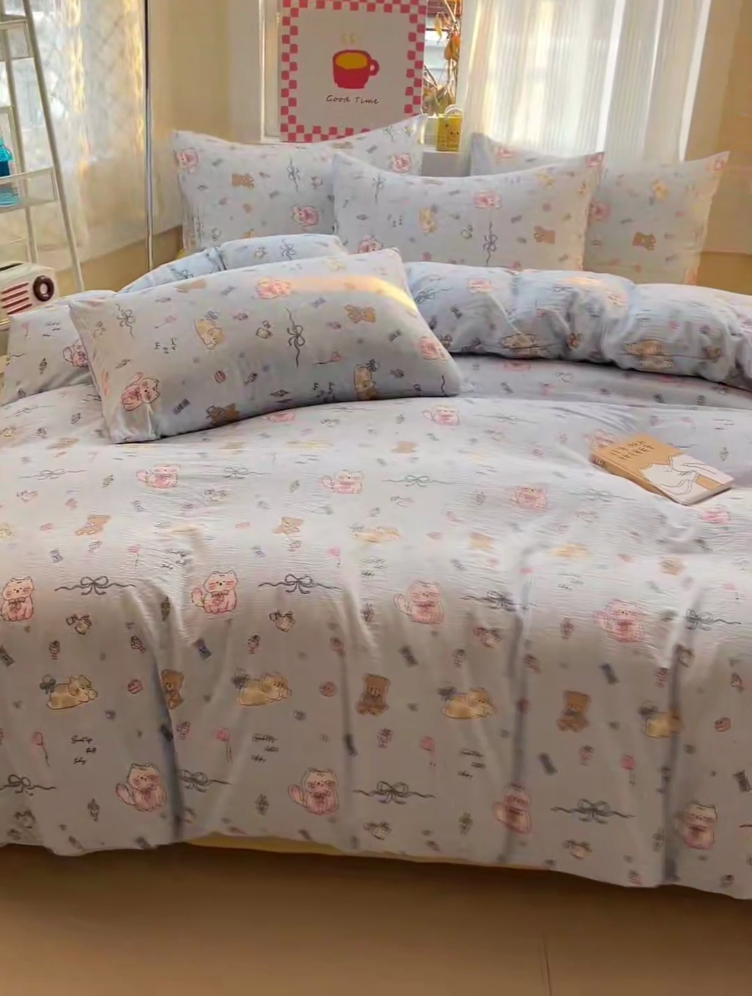 91家纺网 家纺一手货源 找家纺 暖芯优选 2025新款加厚云感棉双层纱四件套小碎花被套床单床笠款学生三件套新款直播热款 小猫时光-蓝