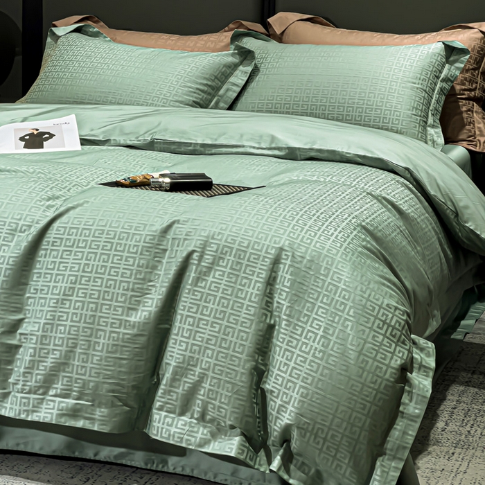 91家纺网 家纺一手货源 找家纺 金昱纺 2025新款50双股100支长绒棉贡缎提花高定四件套 纪梵希-绿