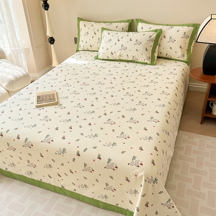 91家纺网 家纺一手货源 找家纺 蓝邻家纺 2025新款100%新疆原棉粗布小清新拼角工艺款系列单床单 花枝兔