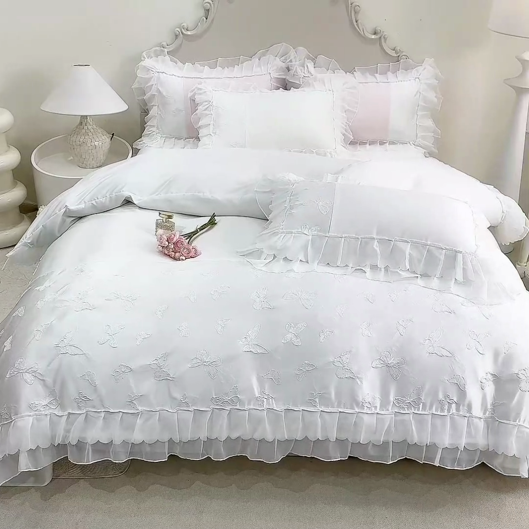 91家纺网 家纺一手货源 找家纺 艾米家居 2025新款韩版双层花边轻奢浮雕系列水洗冰丝四件套 白花边