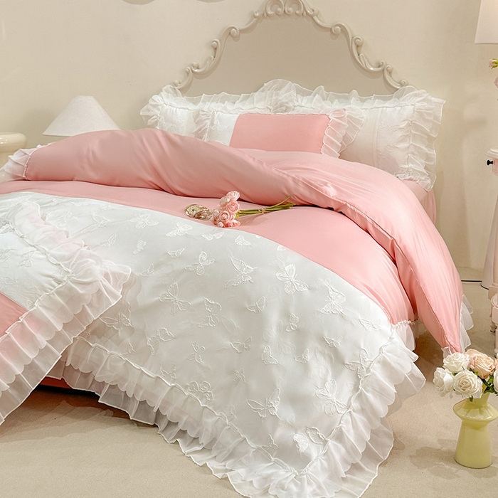 91家纺网 家纺一手货源 找家纺 艾米家居 2025新款韩版双层花边轻奢浮雕系列水洗冰丝四件套 豆沙花边