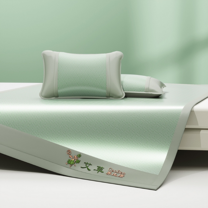 91家纺网 家纺一手货源 找家纺 2025新款艾草驱蚊凉席可折叠空调席冰丝席防滑床笠款 松柏绿（床席款）