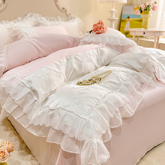 91家纺网 家纺一手货源 找家纺 （总）艾米家居 2025新款韩版双层花边轻奢浮雕系列水洗冰丝四件套