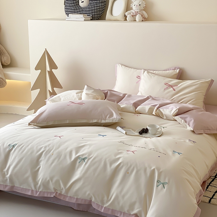 91家纺网 家纺一手货源 找家纺 时亿家居 2025新款100支长绒棉小清新四件套-梦幻蝴蝶结 梦幻蝴蝶结-奶油慕斯