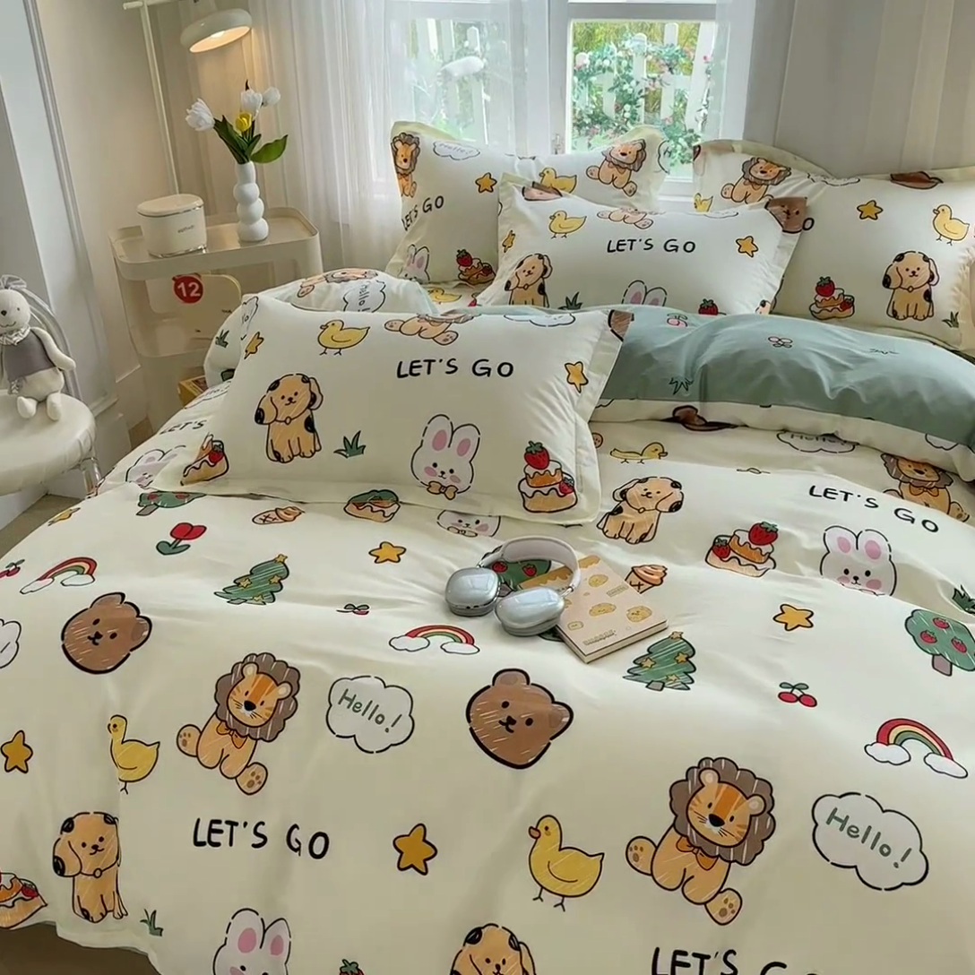 91家纺网 家纺一手货源 找家纺 金盛纺 2025新款13372全棉系列四件套 动物园