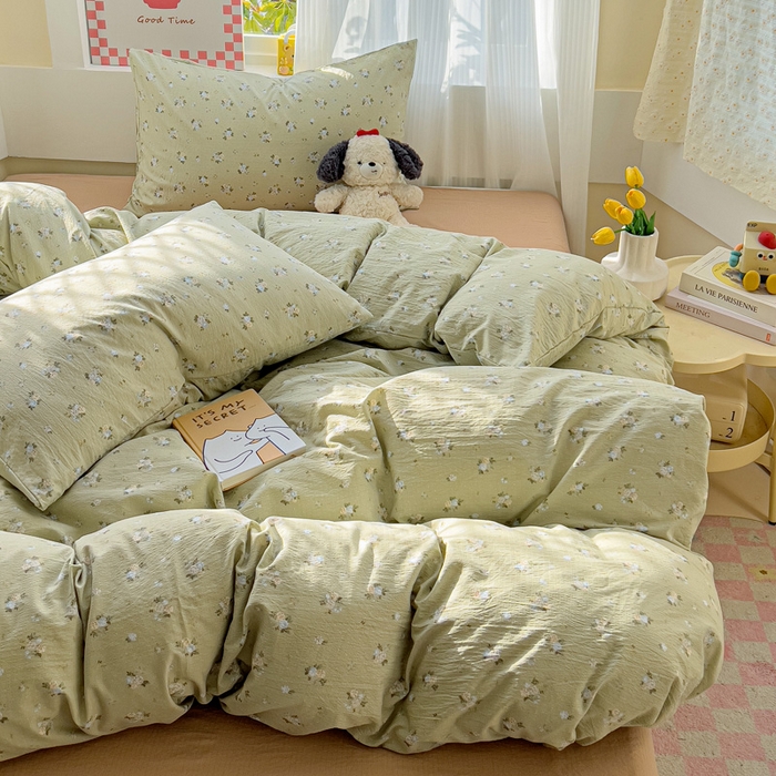 91家纺网 家纺一手货源 找家纺 暖芯优选 2025新款加厚云感棉双层纱四件套小碎花被套床单床笠款学生三件套新款直播热款 落日暮年-绿