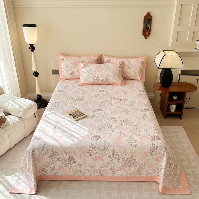 91家纺网 家纺一手货源 找家纺 蓝邻家纺 2025新款100%新疆原棉粗布小清新拼角工艺款系列单床单 繁花-粉