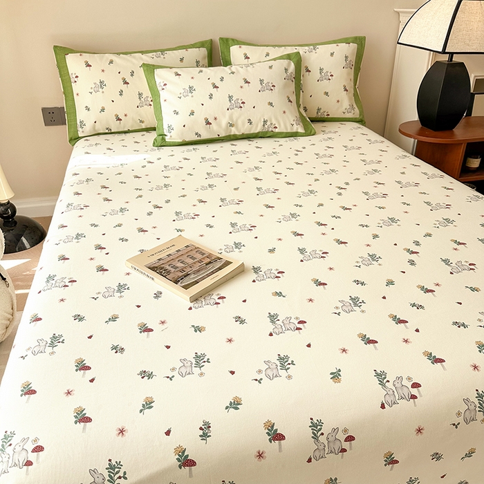 91家纺网 家纺一手货源 找家纺 蓝邻家纺 2025新款100%新疆原棉粗布小清新拼角工艺款系列单床单 花枝兔